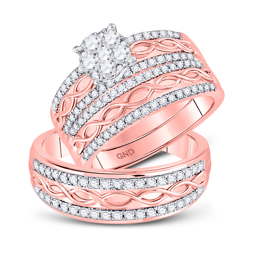 10kt Rose Gold His & Hers Round Diamond Cluster Twist Matching Bridal Wedding Ring Set 1.00 Cttw