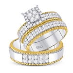 14kt Two-tone Gold His & Hers Round Diamond Cluster Matching Bridal Wedding Ring Band Set 1.00 Cttw