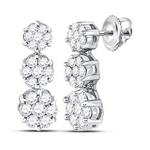 14kt White Gold Womens Round Diamond Triple Vertical Flower Cluster Earrings 1.00 Cttw