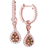 14k Rose Gold Brown Diamond Teardrop Cluster Dangle Earrings 1/2 Cttw